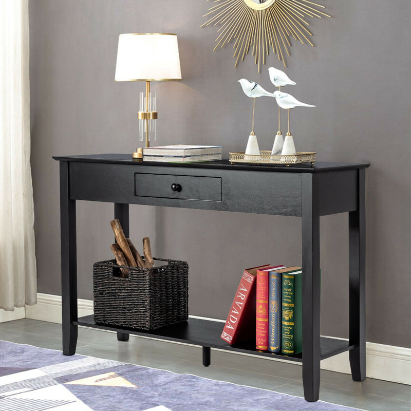 Console Sofa Side Accent Table with Drawer Shelf-Black