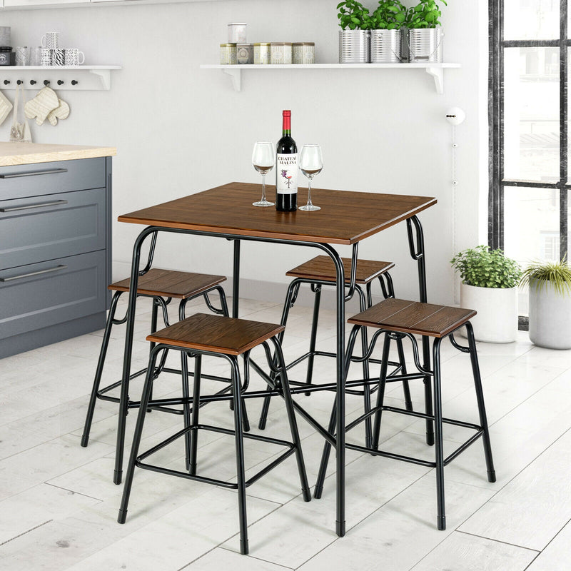 5 Pieces Bar Table Set with 4 Counter Height Backless Stools-Rustic Brown