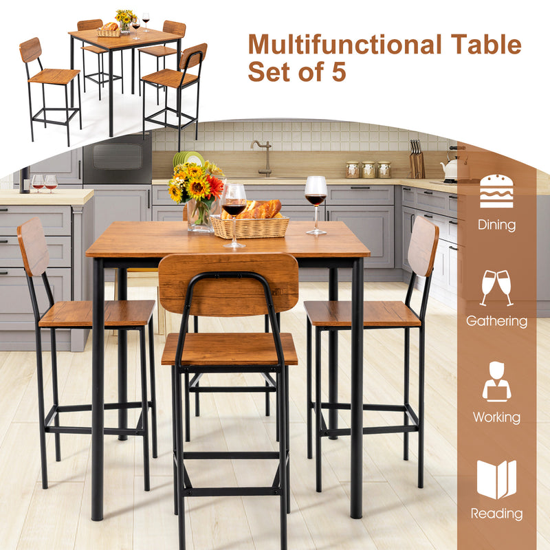 5 Pieces Industrial Dining Table Set with Counter Height Table and 4 Bar Stools-Walnut