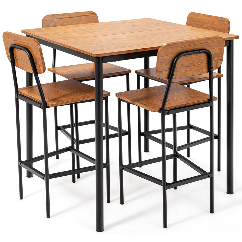 5 Pieces Industrial Dining Table Set with Counter Height Table and 4 Bar Stools-Walnut