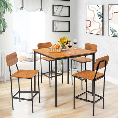 5 Pieces Industrial Dining Table Set with Counter Height Table and 4 Bar Stools-Walnut