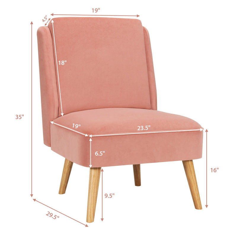 Velvet Accent Armless Side Chair with Rubber Wood Legs for Bedroom-Pink