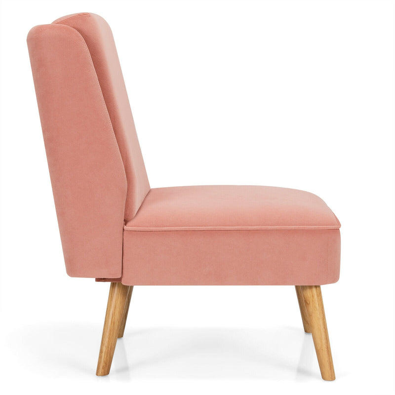 Velvet Accent Armless Side Chair with Rubber Wood Legs for Bedroom-Pink