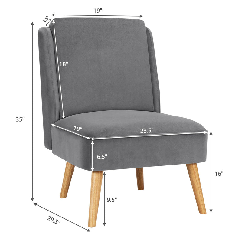 Velvet Accent Armless Side Chair with Rubber Wood Legs for Bedroom-Gray