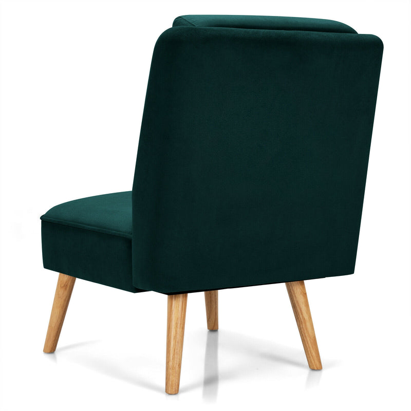 Velvet Accent Armless Side Chair with Rubber Wood Legs for Bedroom-Green