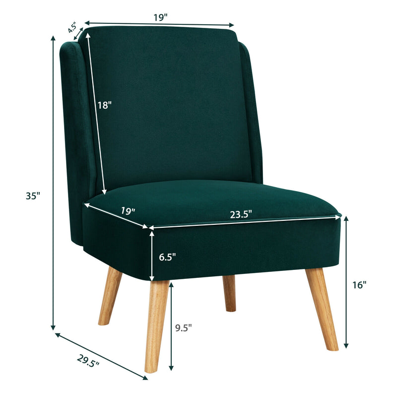 Velvet Accent Armless Side Chair with Rubber Wood Legs for Bedroom-Green