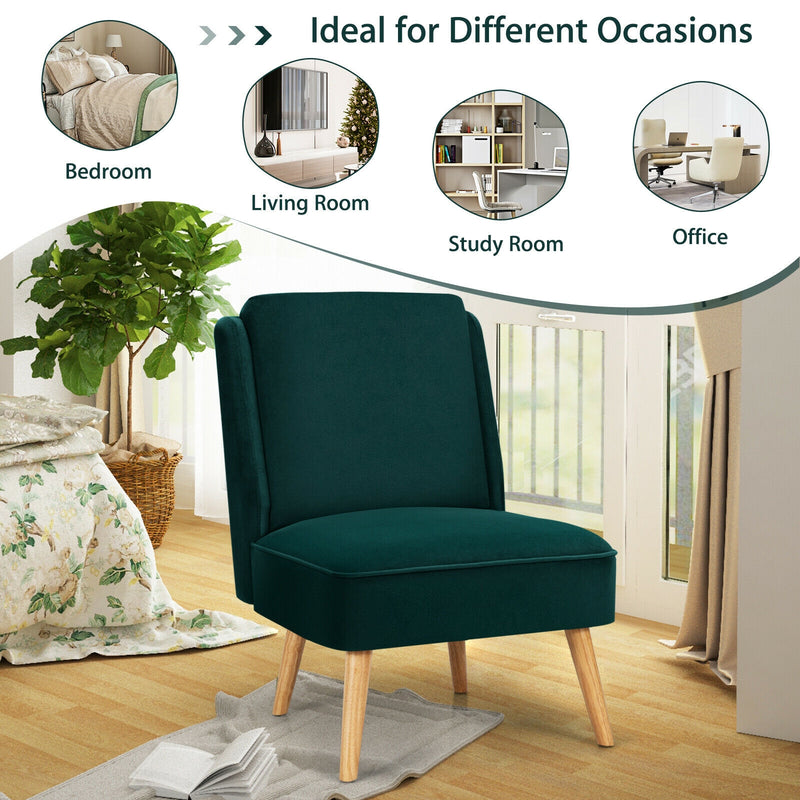 Velvet Accent Armless Side Chair with Rubber Wood Legs for Bedroom-Green