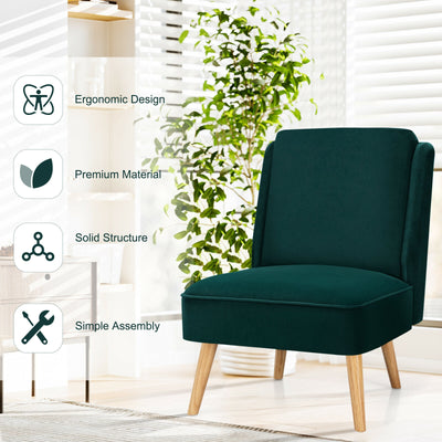 Velvet Accent Armless Side Chair with Rubber Wood Legs for Bedroom-Green