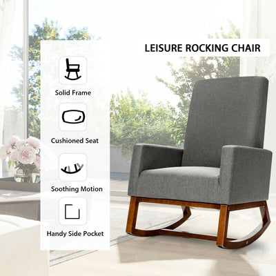 Rocking High Back Upholstered Lounge Armchair with Side Pocket-Gray