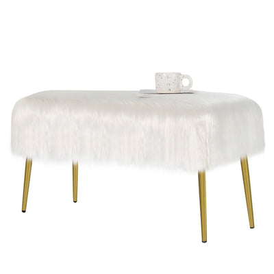 Upholstered Faux Fur Vanity Stool with Golden Legs for Makeup Room-White