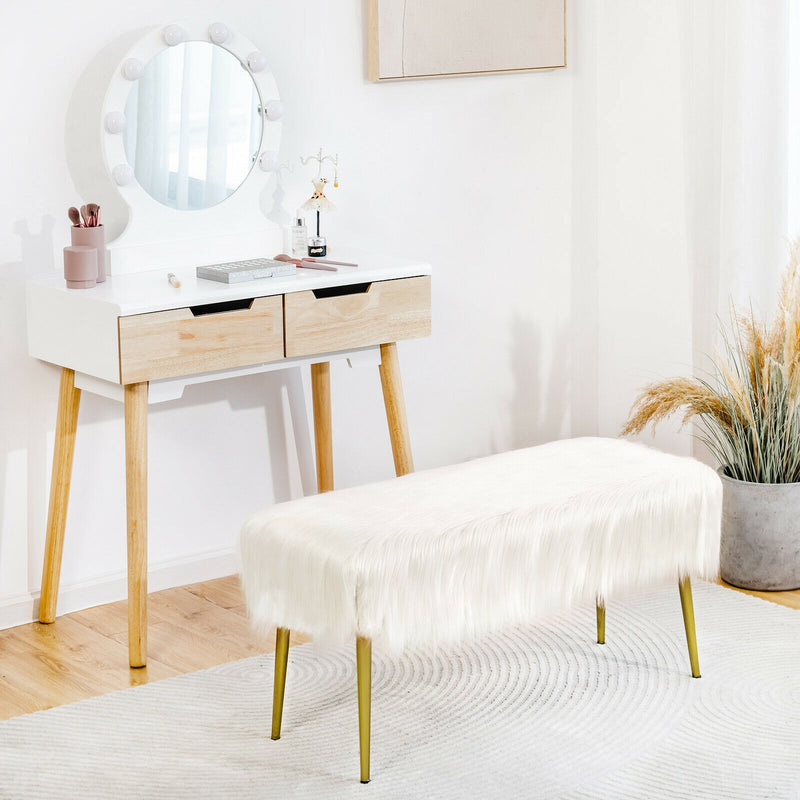 Upholstered Faux Fur Vanity Stool with Golden Legs for Makeup Room-White