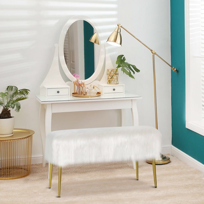 Upholstered Faux Fur Vanity Stool with Golden Legs for Makeup Room-White