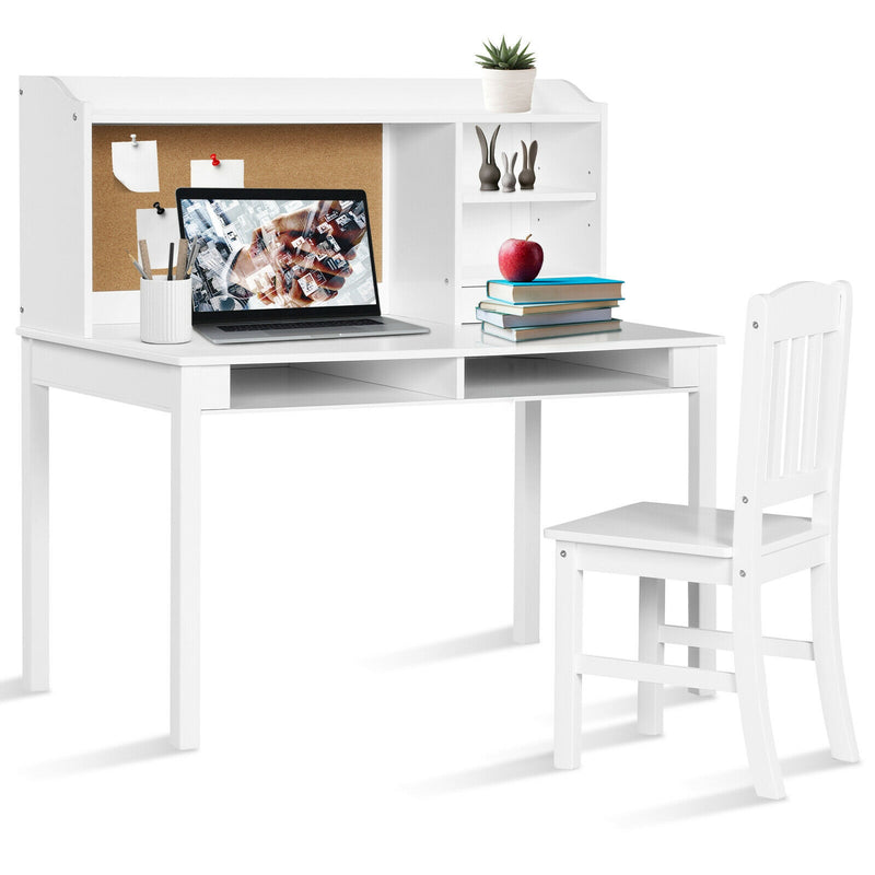 Kids Desk and Chair Set Study Writing Desk with Hutch and Bookshelves-White