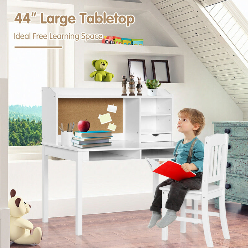 Kids Desk and Chair Set Study Writing Desk with Hutch and Bookshelves-White