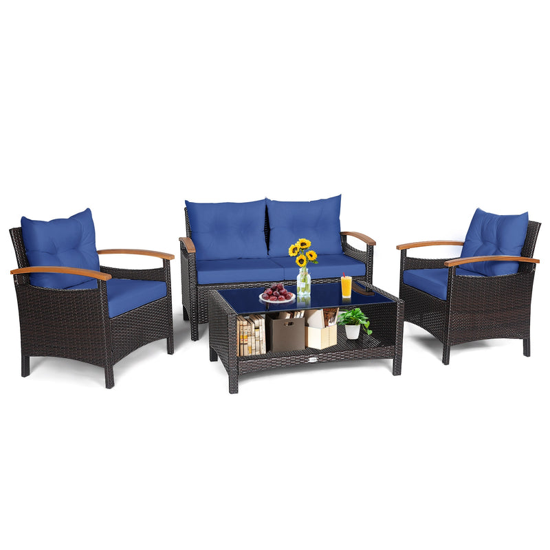 4 Pieces Patio Rattan Furniture Set with Cushioned Sofa and Storage Table-Navy