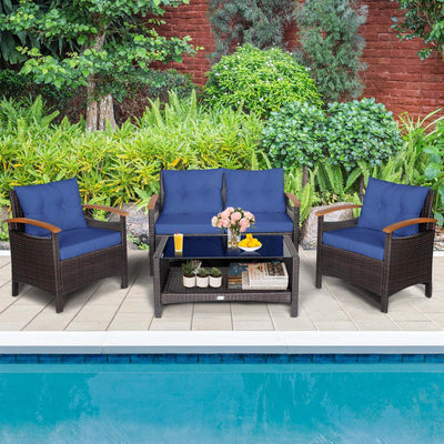 4 Pieces Patio Rattan Furniture Set with Cushioned Sofa and Storage Table-Navy