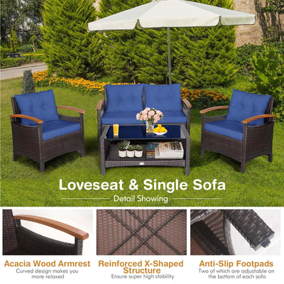 4 Pieces Patio Rattan Furniture Set with Cushioned Sofa and Storage Table-Navy