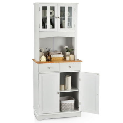 Kitchen Pantry Cabinet with Wood Top and Hutch-White