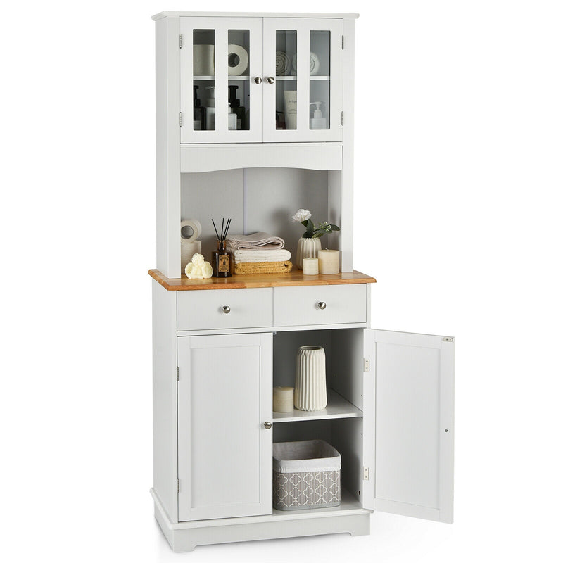 Kitchen Pantry Cabinet with Wood Top and Hutch-White