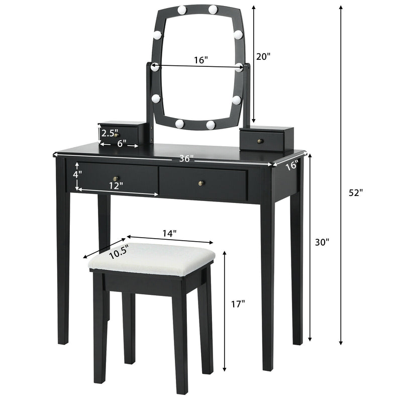 Vanity Table Set with Lighted Mirror for Bedroom and Dressing Room-Black