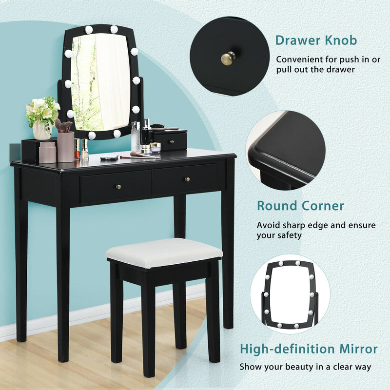 Vanity Table Set with Lighted Mirror for Bedroom and Dressing Room-Black