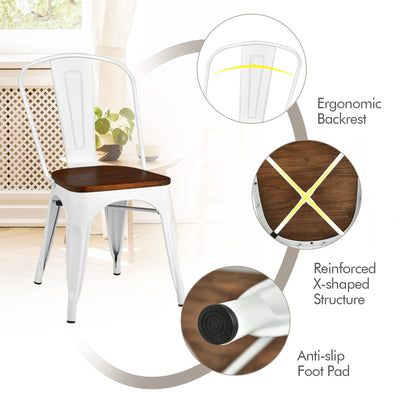 Set of 4 Tolix Style Metal Dining Wood Seat-White