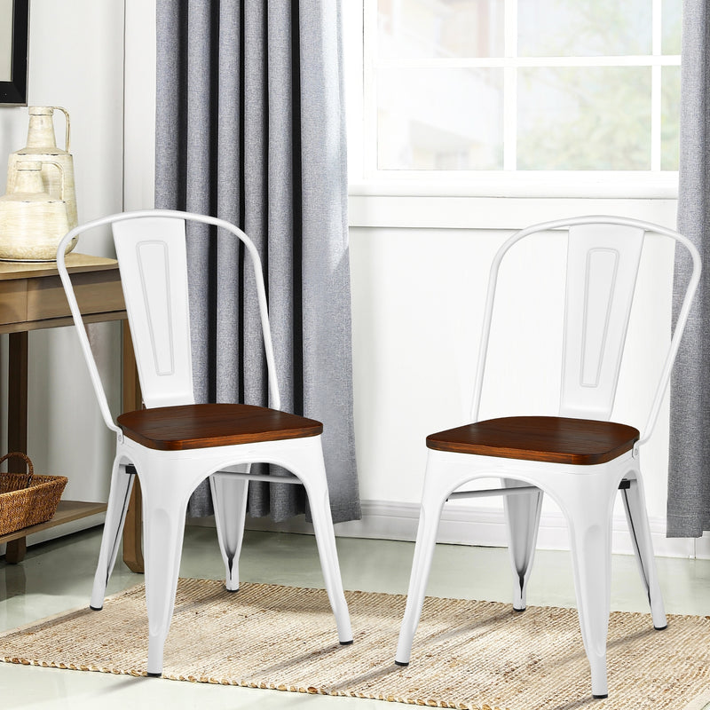 Set of 4 Tolix Style Metal Dining Wood Seat-White