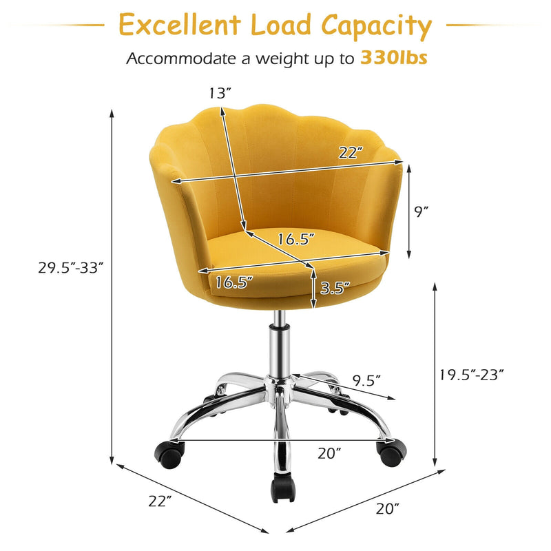 Upholstered Velvet Kids Desk Chair with Wheels and Seashell Back-Yellow