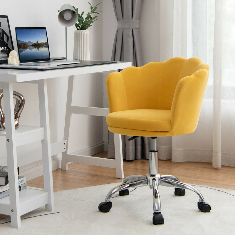 Upholstered Velvet Kids Desk Chair with Wheels and Seashell Back-Yellow