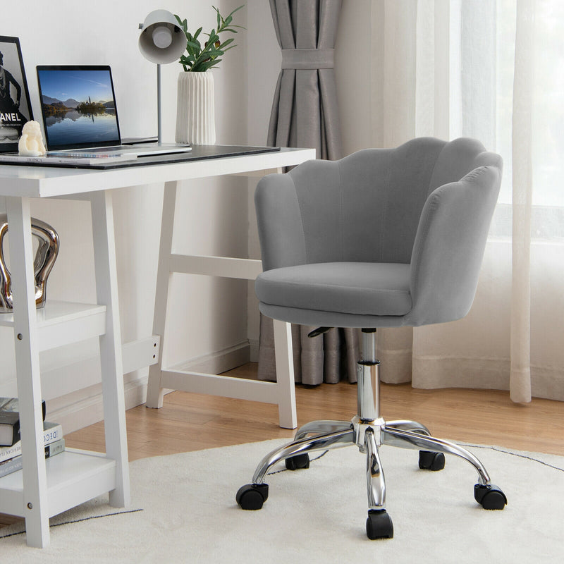 Upholstered Velvet Kids Desk Chair with Wheels and Seashell Back-Gray