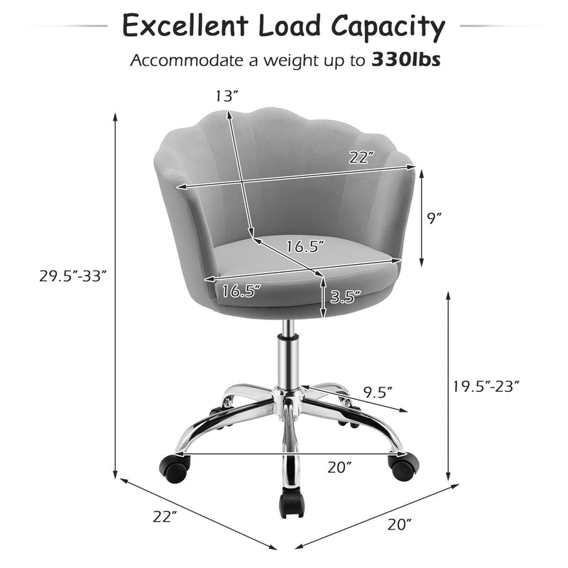 Upholstered Velvet Kids Desk Chair with Wheels and Seashell Back-Gray