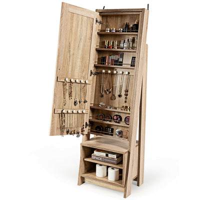 2-in-1 Wooden Cosmetics Storage Cabinet with Full-Length Mirror and Bottom Rack