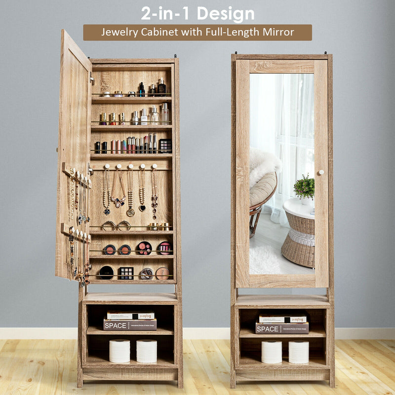 2-in-1 Wooden Cosmetics Storage Cabinet with Full-Length Mirror and Bottom Rack