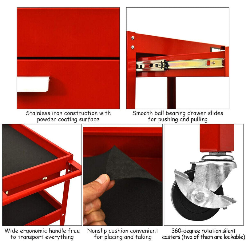 Rolling Tool Cart Mechanic Cabinet Storage ToolBox Organizer with Drawer-Red