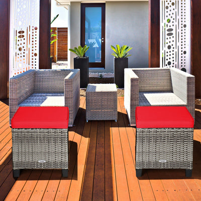 2PCS Patio Rattan Wicker Ottoman Seat with Removable Cushions-Red