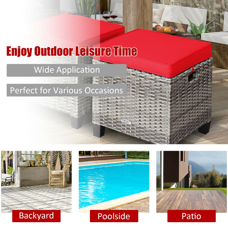 2PCS Patio Rattan Wicker Ottoman Seat with Removable Cushions-Red