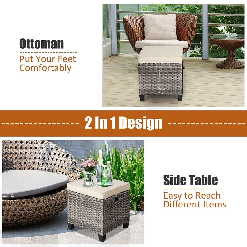 2 Pieces Patio Rattan Ottoman Seat with Removable Cushions-Beige