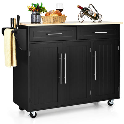 Kitchen Island Trolley Wood Top Rolling Storage Cabinet Cart with Knife Block-Black