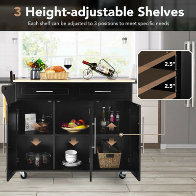 Kitchen Island Trolley Wood Top Rolling Storage Cabinet Cart with Knife Block-Black