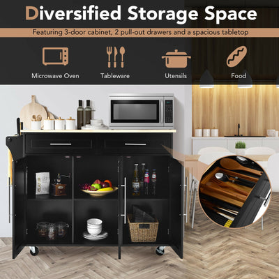 Kitchen Island Trolley Wood Top Rolling Storage Cabinet Cart with Knife Block-Black