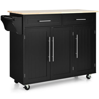 Kitchen Island Trolley Wood Top Rolling Storage Cabinet Cart with Knife Block-Black