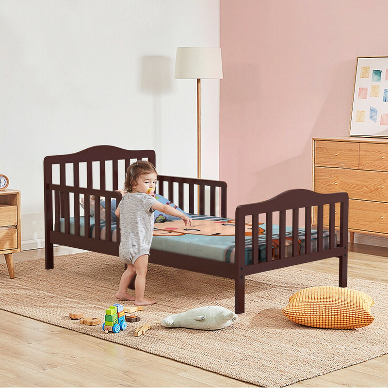 Classic Design Kids Wood Toddler Bed Frame with Two Side Safety Guardrails-Brown