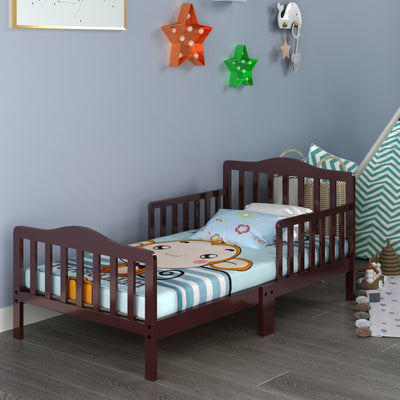 Classic Design Kids Wood Toddler Bed Frame with Two Side Safety Guardrails-Brown