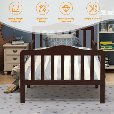 Classic Design Kids Wood Toddler Bed Frame with Two Side Safety Guardrails-Brown