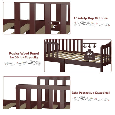 Classic Design Kids Wood Toddler Bed Frame with Two Side Safety Guardrails-Brown