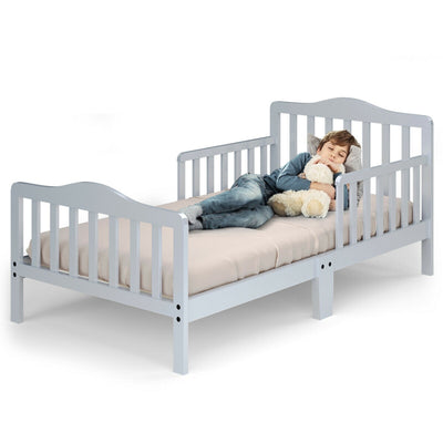 Classic Design Kids Wood Toddler Bed Frame with Two Side Safety Guardrailss-Gray