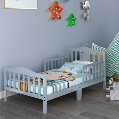 Classic Design Kids Wood Toddler Bed Frame with Two Side Safety Guardrailss-Gray