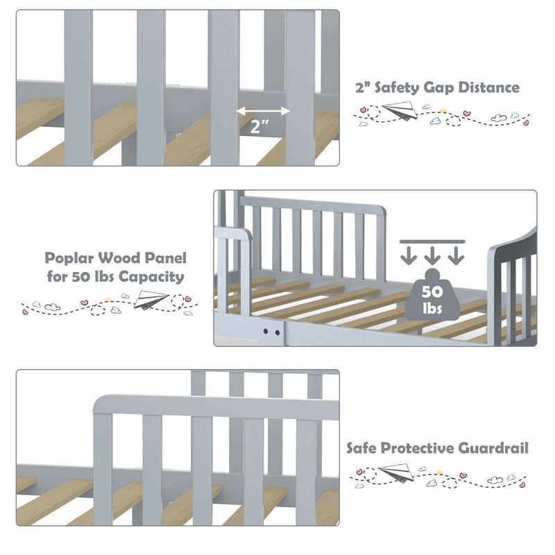 Classic Design Kids Wood Toddler Bed Frame with Two Side Safety Guardrailss-Gray