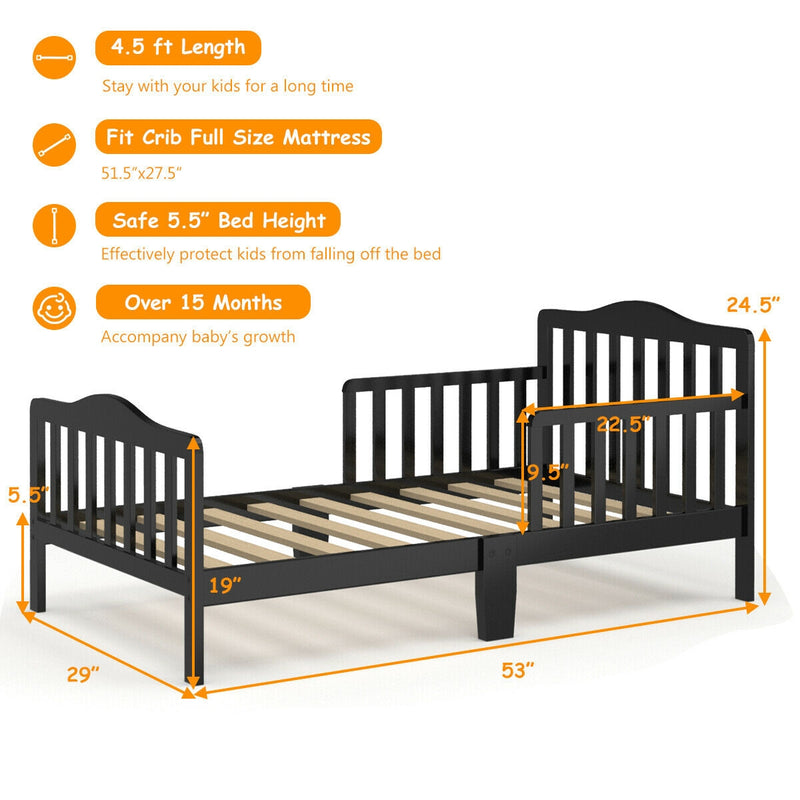 Classic Design Kids Wood Toddler Bed Frame with Two Side Safety Guardrails-Black