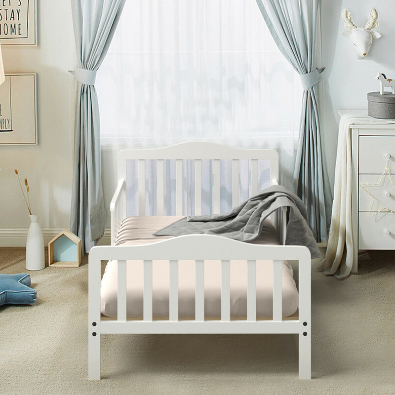 Classic Design Kids Wood Toddler Bed Frame with Two Side Safety Guardrails-White